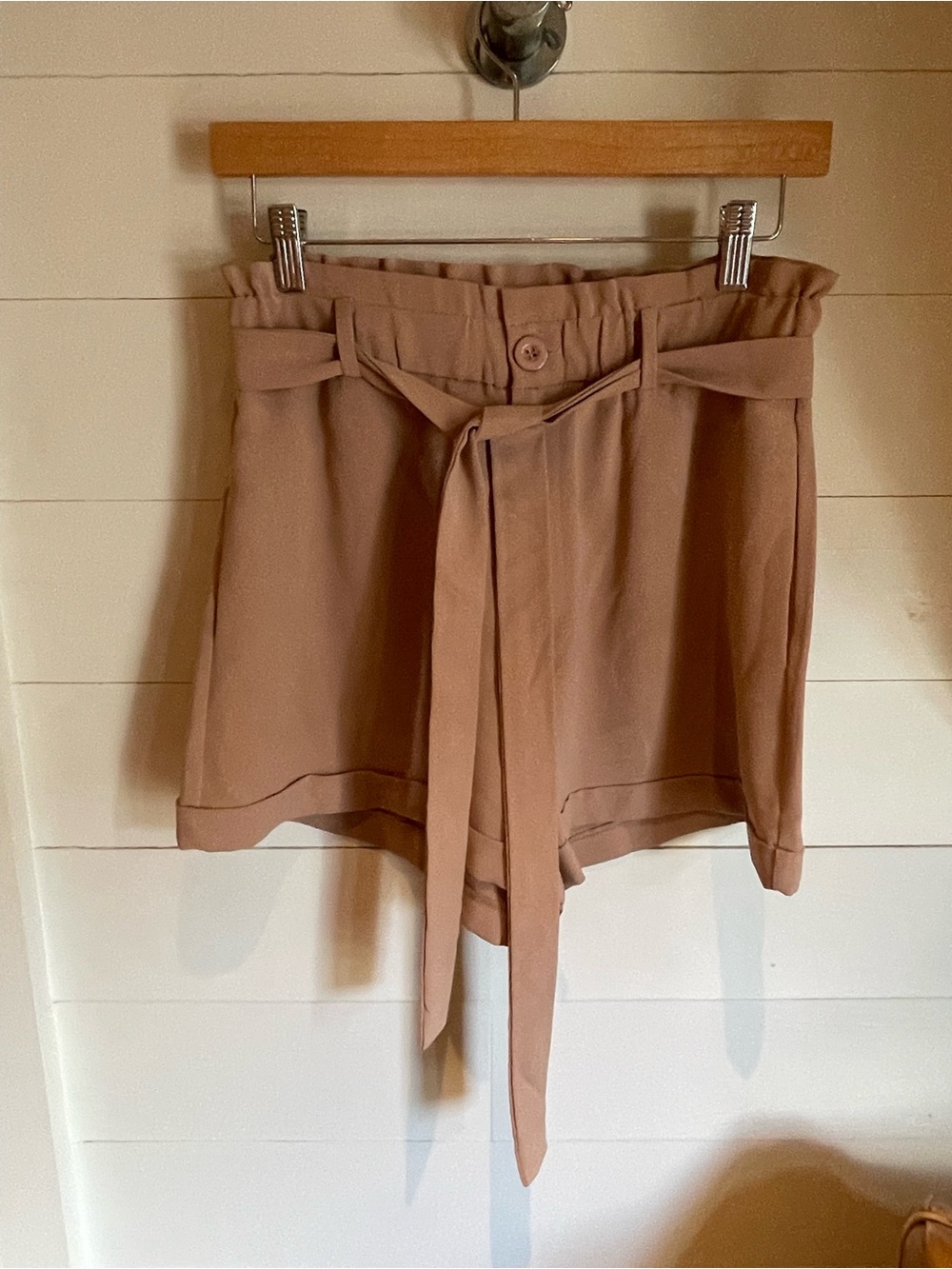 Jade High-Waist Paperbag Tie-Belt Shorts in Taupe